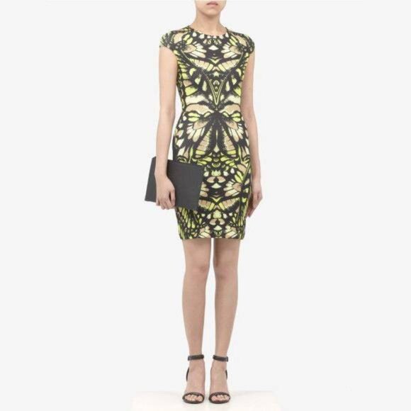 McQ Alexander McQueen Neon-Green Camouflage-Print Jersey Bodycon Dress - Picture 1 of 11
